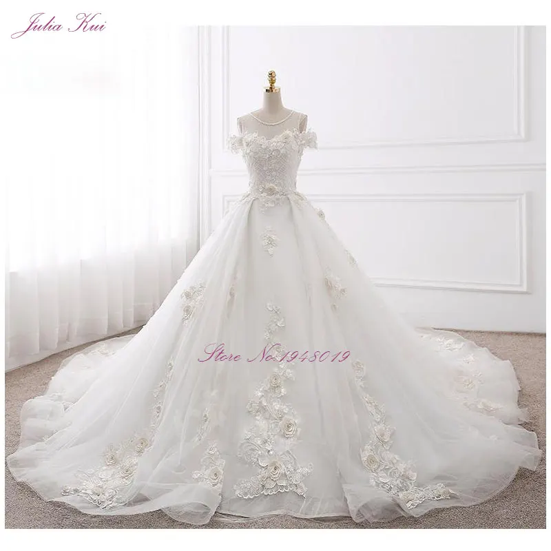 

Julia Kui Real Photos Floral Print Ball Gown Wedding Dress Scoop Beading 3D Appliques Bridal Gown Robe De Mariage Custom Made