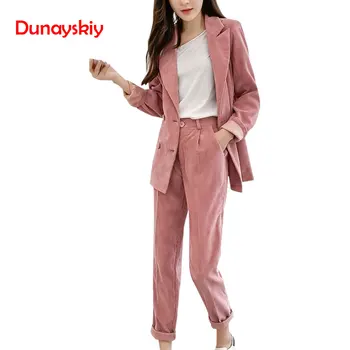 

2020 Spring New Women's Corduroy Blazer Two Piece Sets Notched Collar Casual Jacket Loose Female Clothing