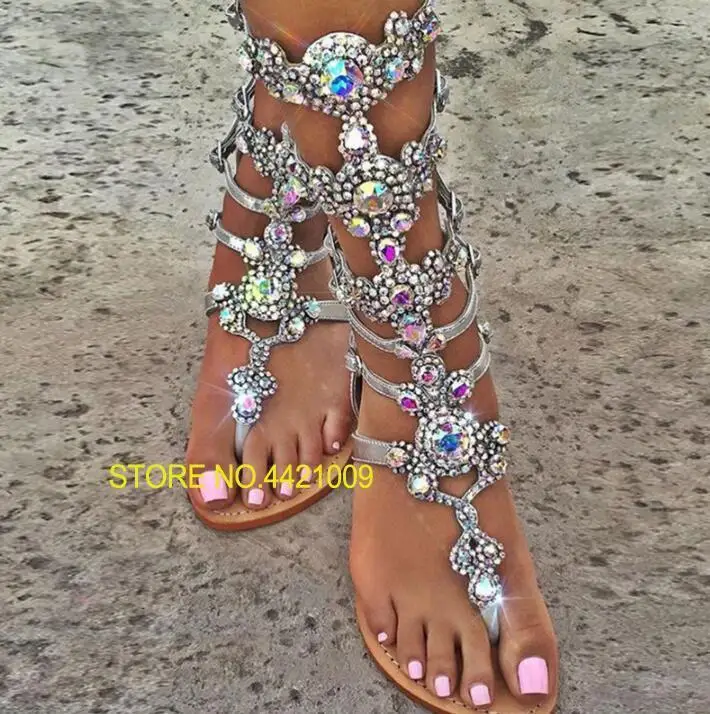 

Ladies Fashion Roman Sandals Flats Dress Summer Women Comfortable Rhinestone Crystal Flat Clip Toe Bohemia Sandals Plus Size 47