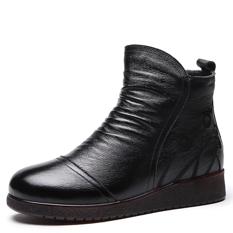 DRKANOL/Новинка; винтажные плиссированные ботильоны из натуральной кожи на молнии для женщин; зимние ботинки; зимняя короткая плюшевая теплая женская обувь на плоской подошве - Цвет: Черный
