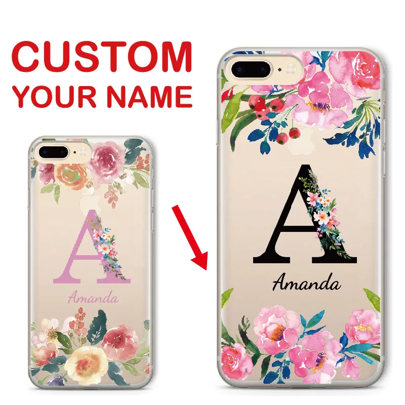 

Custom Personalized Name Floral Flower Monogram Soft Clear Phone Case For iPhone 6 6S XS Max 7 7Plus 8 8Plus 5 X SAMSUNG S8 S9