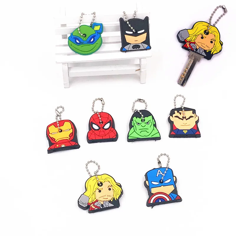 

40Pcs/set Cartoon Anime Cute Key Cover Cap Silicone Batman Iron Man Keychain Women Gift Raytheon Spiderman Porte Clef Key Chain