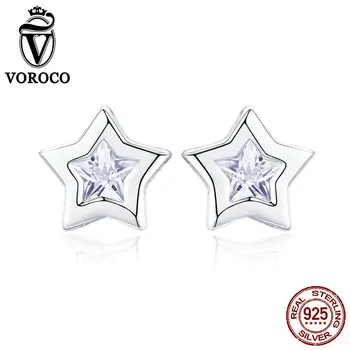 

VOROCO 100% 925 Sterling Silver Tiny Clear CZ Star Stud Earrings For Woman Female Party Anniversary Silver Fine Jewelry BKE437