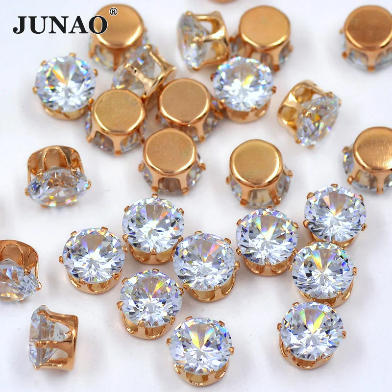 

JUNAO SS38 8mm Sew On Clear Zircon Crystals Gold Claw Rhinestone Applique Sewing Crystal Strass Flat Back Stones For Clothes