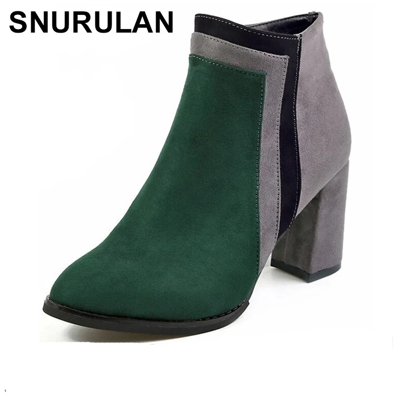 

SNURULAN2018 newest mixed color ankle boots women thick high heels Chelsea boots ladies patchwork winter martin boots E403