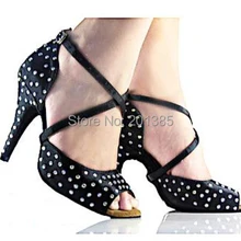 Новые женские черные атласные Стразы Сальса; бальные танцы; Танго танцевальная обувь латинский танец танцевальная обувь всех размеров