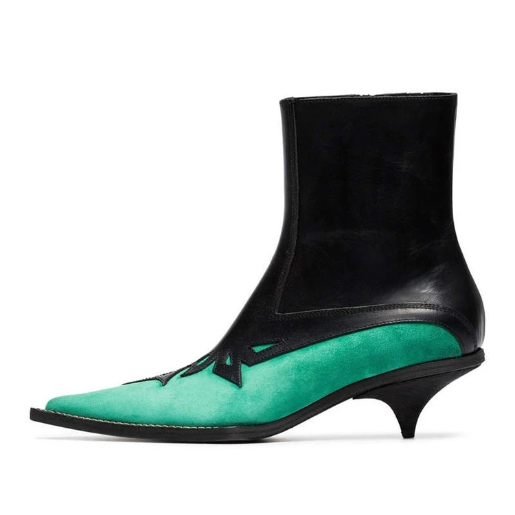 

Green Leather Patchwork Woman Ankle Boots Pointed Toe Med Thin Heel Fashion Botas Rome Style Slip-on Sheepskin Lady Short Boot