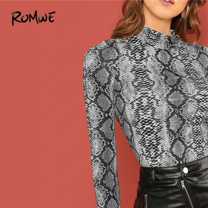 ROMWE Mock-Neck Snake Skin Print Fitted Tee Long Sleeve Slim Spring Stand Collar T Shirt Women Autu