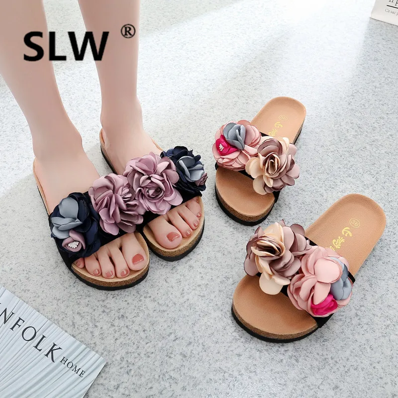 

summer Flock Floral Rome Slides cork Flip Flops wedge Casual soft women Low Flower Fashion slipper Wedges Flat gladiator