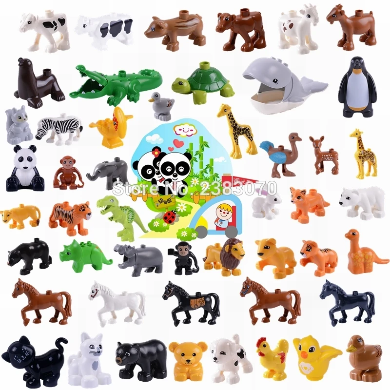 

Legoing Duplo Animals Farm Set Jurassic World Park Dinosaurs Horse Panda Animal Zoo Building Blocks Toys for Children Big Bricks