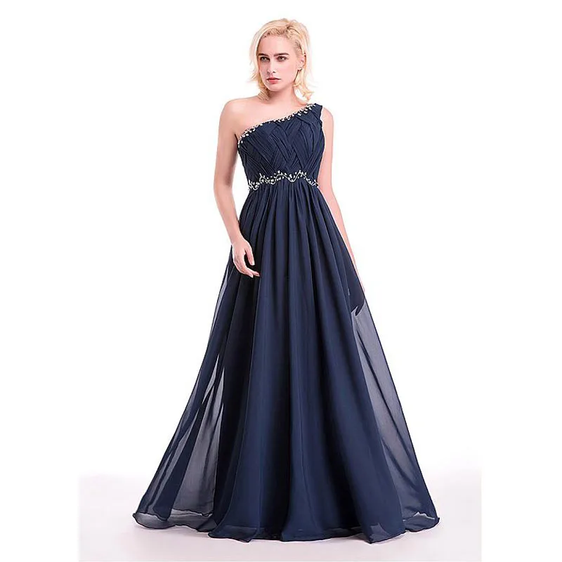 Buy One Shoulder Pleat Beaded Long Evening Dresses