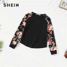 SHEIN/детская черная Повседневная футболка с рукавом реглан и цветочным принтом для девочек; топы для девочек; коллекция года; весенние детские футболки с длинными рукавами; детская одежда