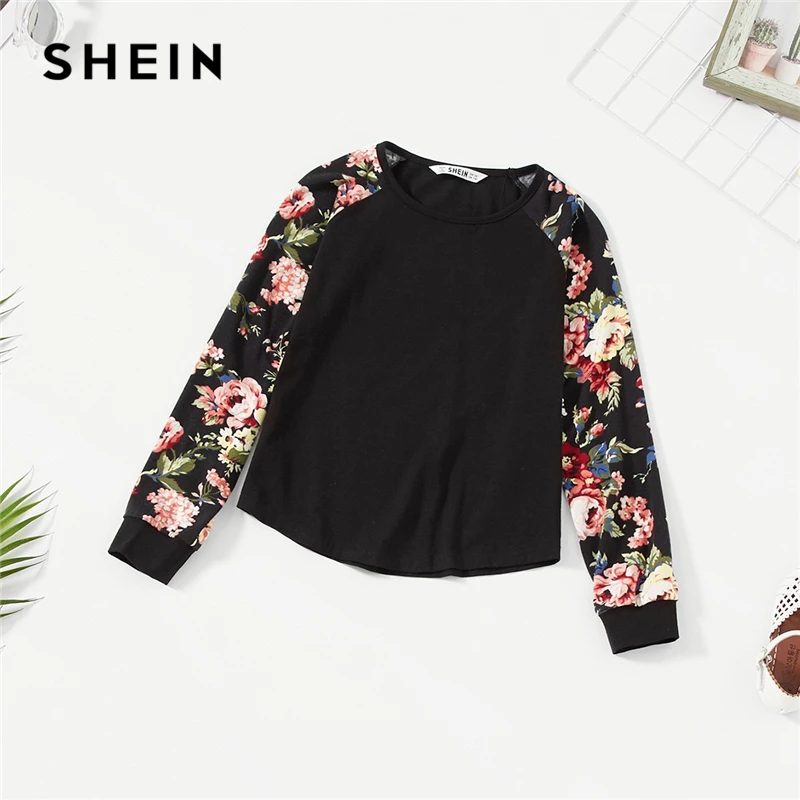 SHEIN Kiddie Girls Black Floral Print Raglan Sleeve Casual T-Shirt Girls Tops 2019 Spring Long Sleeve Kids Tees Children Clothes SHEIN Kiddie Girls Black Floral Print Raglan Sleeve Casual T-Shirt Girls Tops 2019 Spring Long Sleeve Kids Tees Children Clothes
