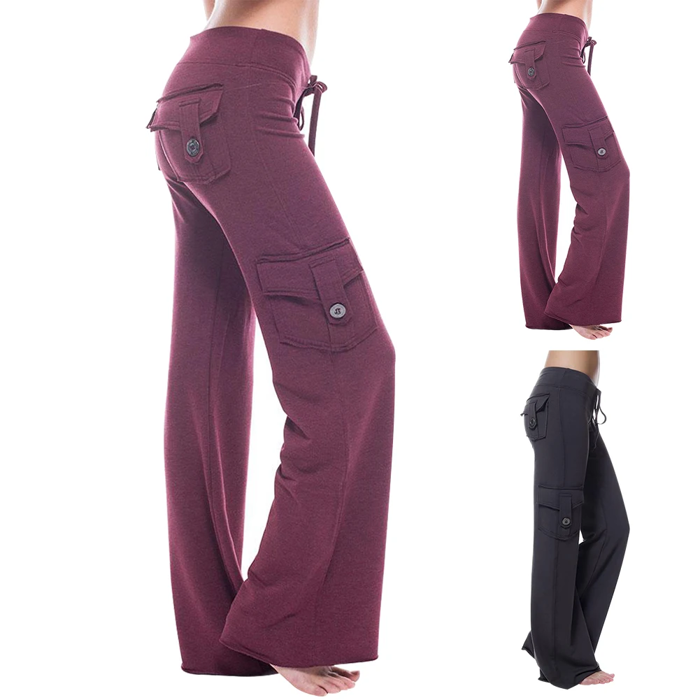 

Women Drawstring Solid With Pockets Button Sports Pants Soft Party Summer Casual Slim Fit Training Elastic Long