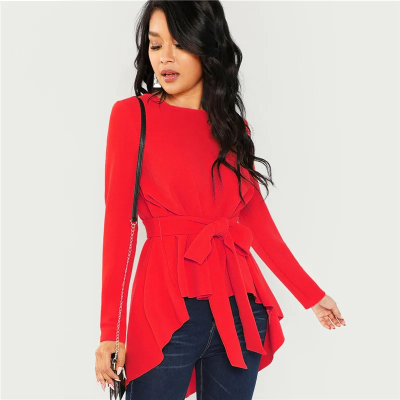 Sheinside, красная элегантная блуза с длинным рукавом и поясом, асимметричный подол, для женщин, осень, Повседневная рубашка, блузка, Женские топы и блузки