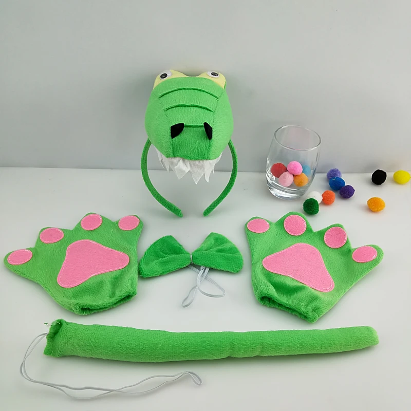 

Children Adult Animal 3D Green Dinosaur Crocodile Tortoise Headband Bow Tie Tail Paws Gloves Cosplay Set Party Costume