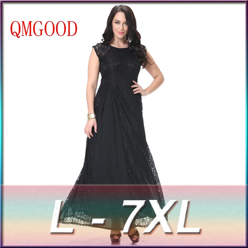 

QMGOOD Sexy Lady Large Size Sleeveless Lace Dress New Autumn Fat MM Social Prom Party Long Dress Plus Size 7XL 6XL Black Dress