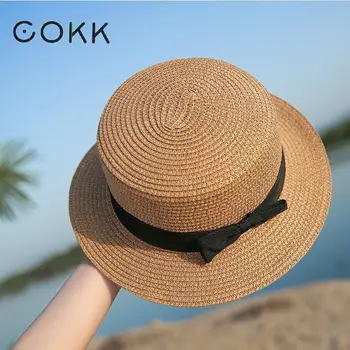 COKK Panama kapelusz prosty letni kapelusz na plażę kobieta w stylu casual damska kobiety płaskie rondo Bowknot słomiany kapelusz dziewczyny kapelusz słońce Chapeu Feminino 2020 tanie i dobre opinie Dla osób dorosłych Papier Słomy CN (pochodzenie) Unisex Kapelusze przeciwsłoneczne h05071 Na co dzień Stałe Sun Hat Summer Hats for women
