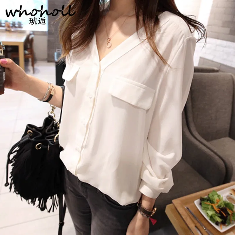 

2018 Summer Women Chiffon Blouse Shirts Ladies White Elegant Sexy V-neck Blouse Long Sleeve Shirt Female Office Shirt