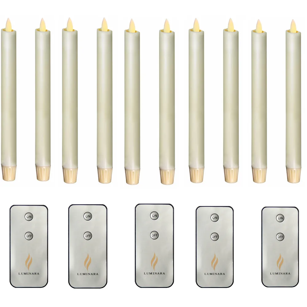 Luminara Ivory 8" Flameless Taper Candles, Warm White LEDs, Set of 10, Wax, Remote Timer