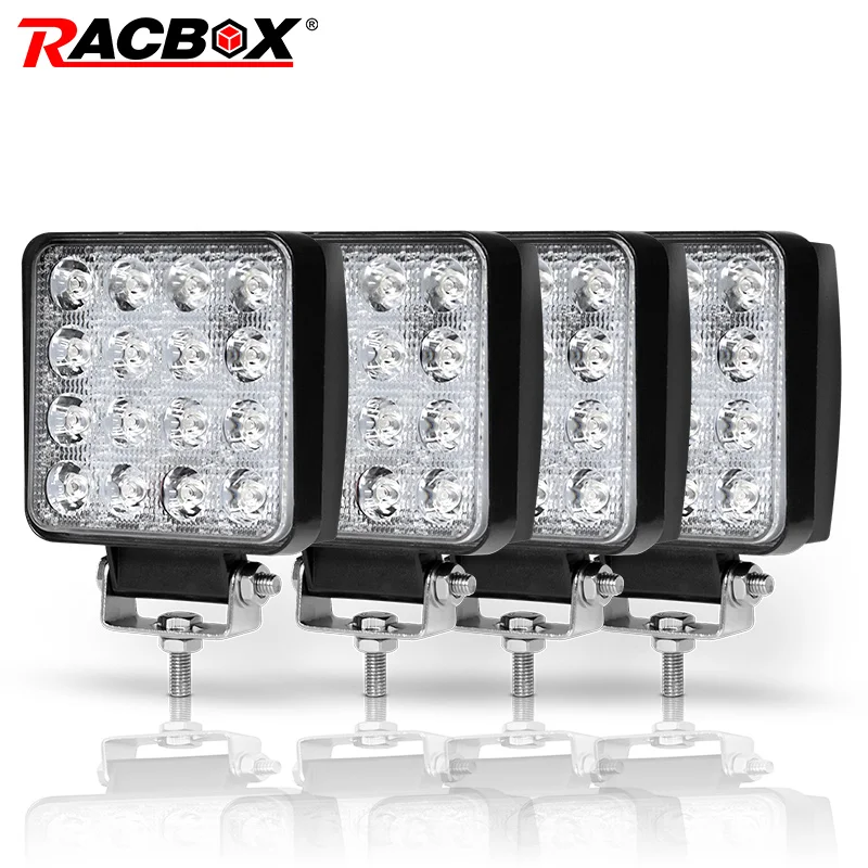 

RACBOX 4pcs 4" 48W LED Work Lamp Lights Square 6000K White 12V 24V 3300LM Flood Spot Car Truck SUV 4x4 4WD Boat LED Driving Lamp