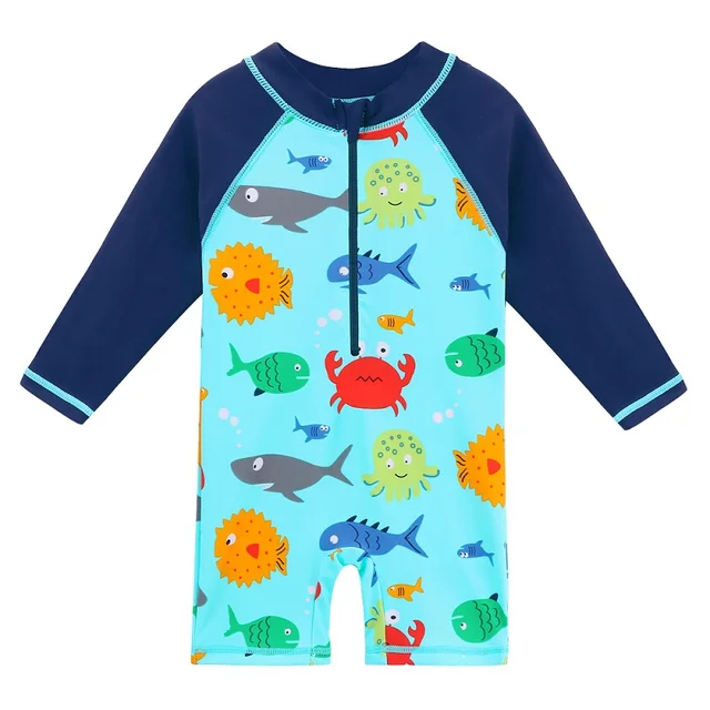 BAOHULU UPF50+ Print Baby Girl Swimsuit Long Sleeve Kids Swimwear One Piece Toddler Infant Bathing Suit for Girls Boys Children S271 Blue sealife