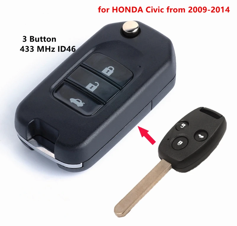 Keyecu Новый складной ключ с 3 кнопками 433 МГц ID46 Улучшенная флип карта для HONDA Civic 2009