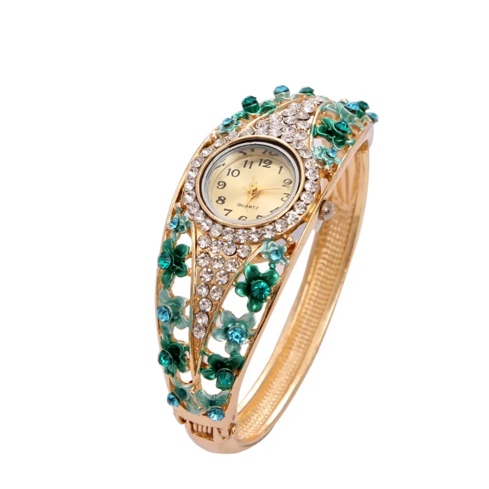 

Green Flower Rhinestone Luxury Women Watch Top Sale Famous Brand Gold Plated Bangle Watch For Women Relogio Feminino