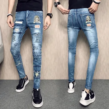 

Adolescent 2018 new hole Slim pants elastic jeans male Korean version of the tide printing patch pants