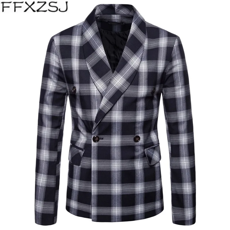 FFXZSJ New Arrival Hot Sale Business Mens Blazer Casual Blazers Men Lattice Formal Jacket Double-Breasted Dress Suit Jackets | Мужская