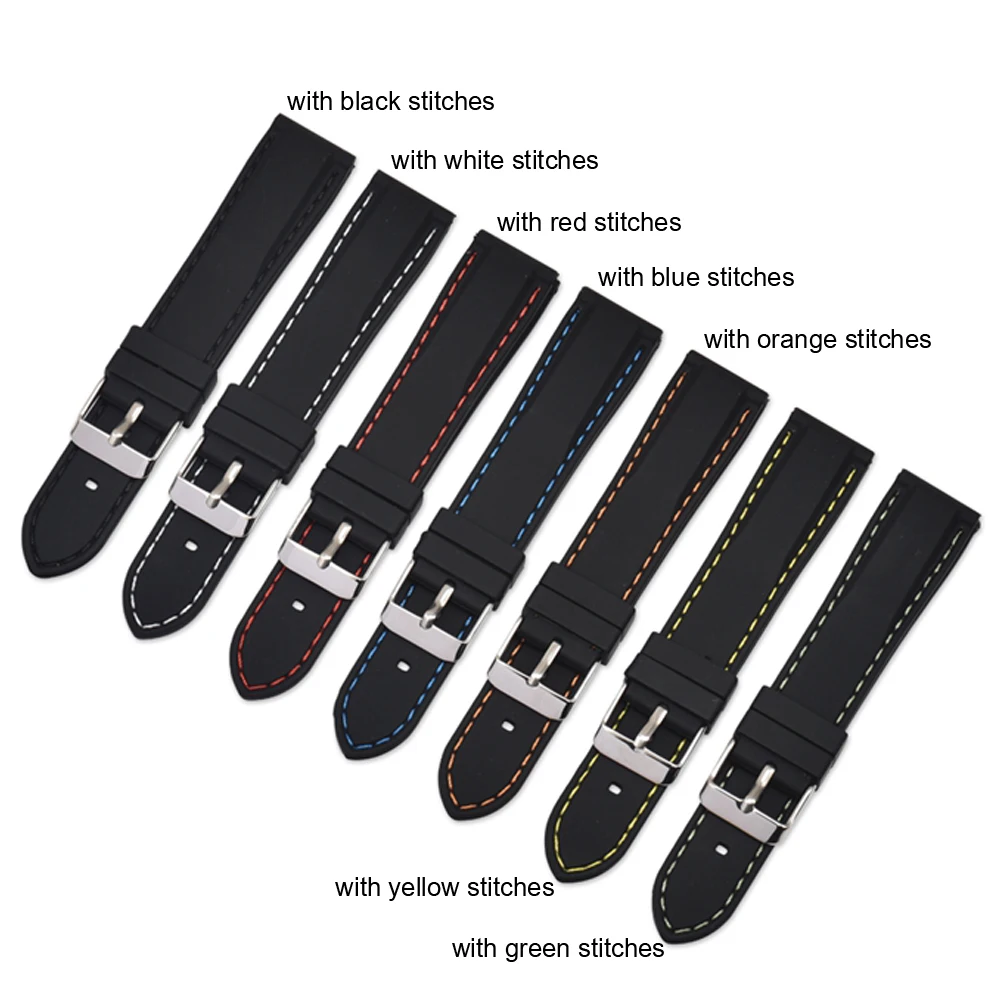 

18 20mm Top Silicone Watchbands Exchange Rubber Stitches Wristband Replacement Soft Strap Belt Loop With Silver Pin Buckle