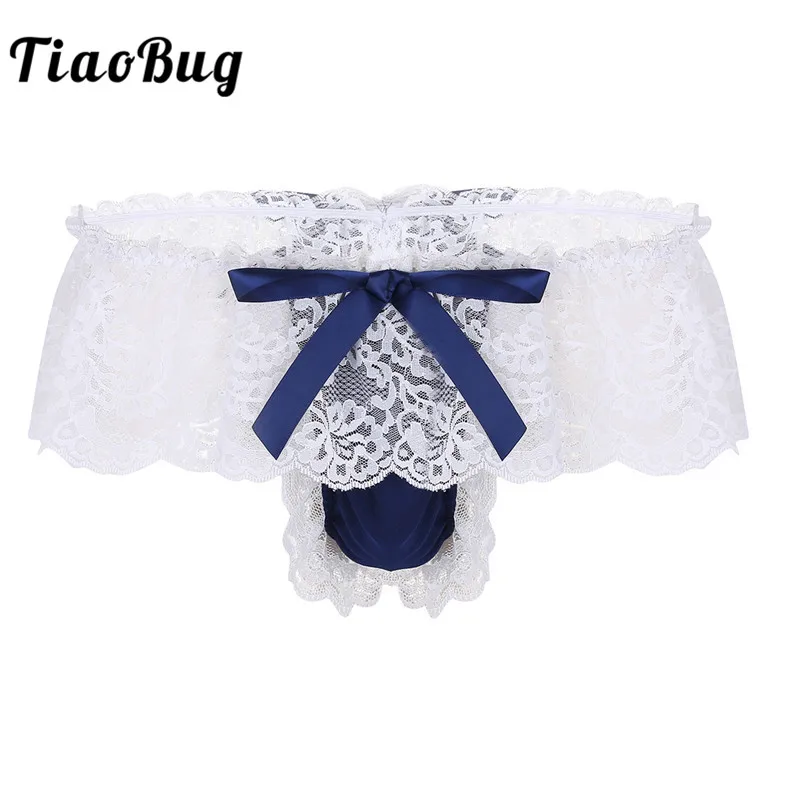 

TiaoBug Men Floral Lace Sissy Panties Lingerie Cute Bow High Cut Open Back G-string Thong Hot Sexy Male Gay Underwear Underpants