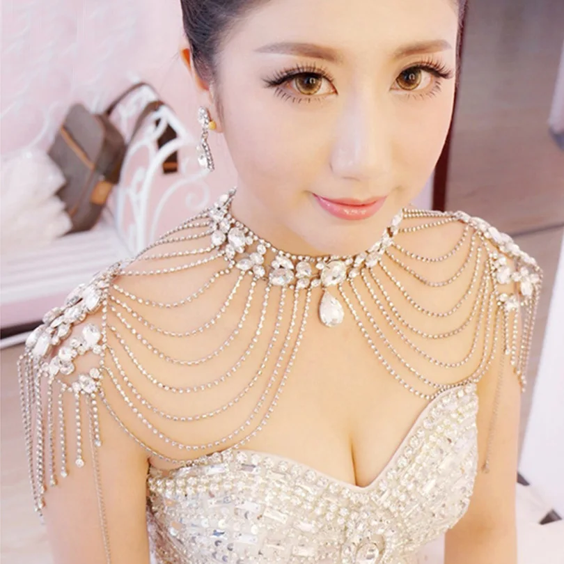 

Gold Silver Rhinestone Crystal White Red Lace Bridal Shoulder Necklace Pageant Prom Wedding Shoulder Jewelry Chain Necklaces