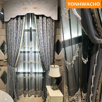 

Custom curtains gray brown European solid living room bedroom simple villa cloth blackout curtain tulle valance drape B250