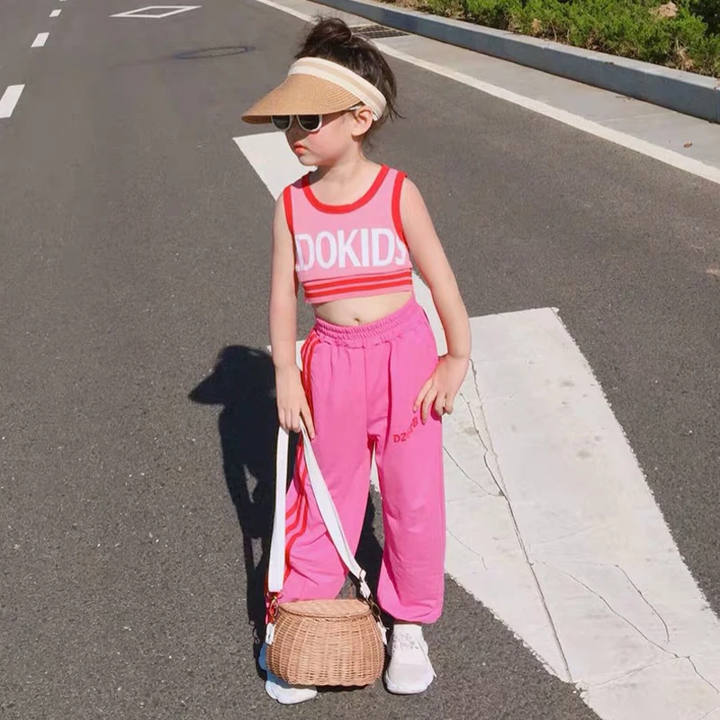 

Summer girls 2 pcs set baby vest + pants kids suit children set streetwear letter crop top side striped 4 to 14 yrs