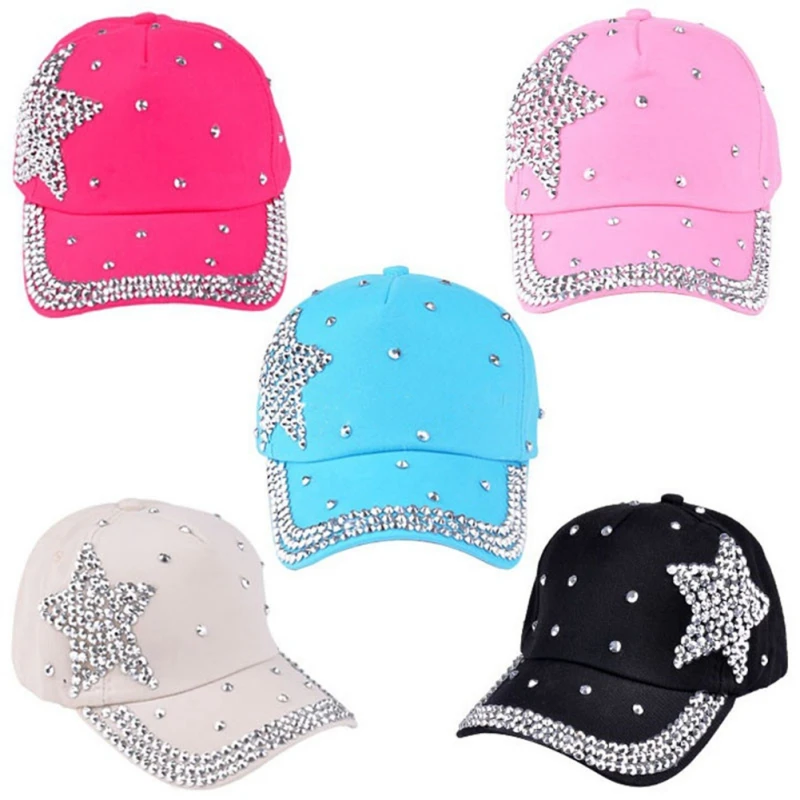 Детская Регулируемая модная джинсовая кепка с блестящими бриллиантами, пятиконечная кепка со звездами, Кепка От Солнца, бейсбольная кепка со стразами