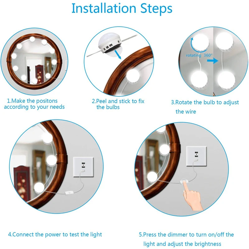 EU US Plug Makeup Mirror Hollywood Vanity LED Bulb Stepless Dimmable Touch Plug In Wall Lamps 10 Bulb DIY White Light Waterproof (11)