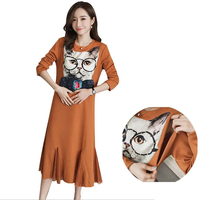 

New 2017 Autumn Winter High Quality Long Maternity Dress Nursing Dress for Pregnancy Woman Clothes Cartoon Cat Printing Dress