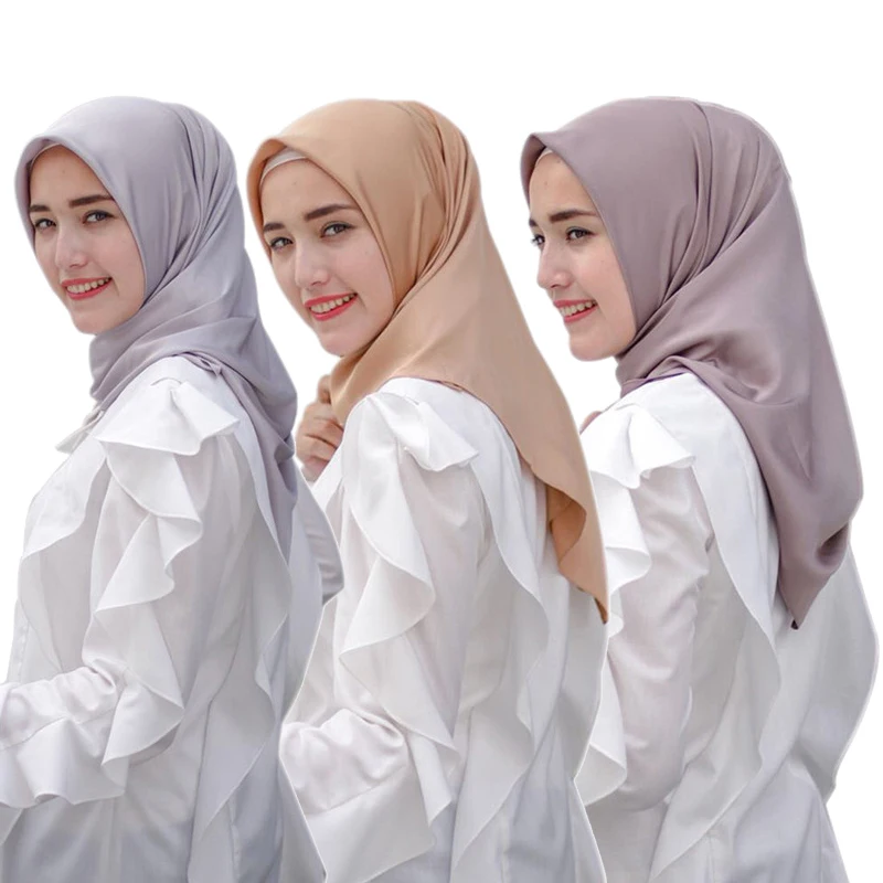 

110*110cm Silk Satin Muslim Shawl Instant Scarf Plain Color Wrap femme musulman Inner Hijabs Islamic Turban Scarves For Women