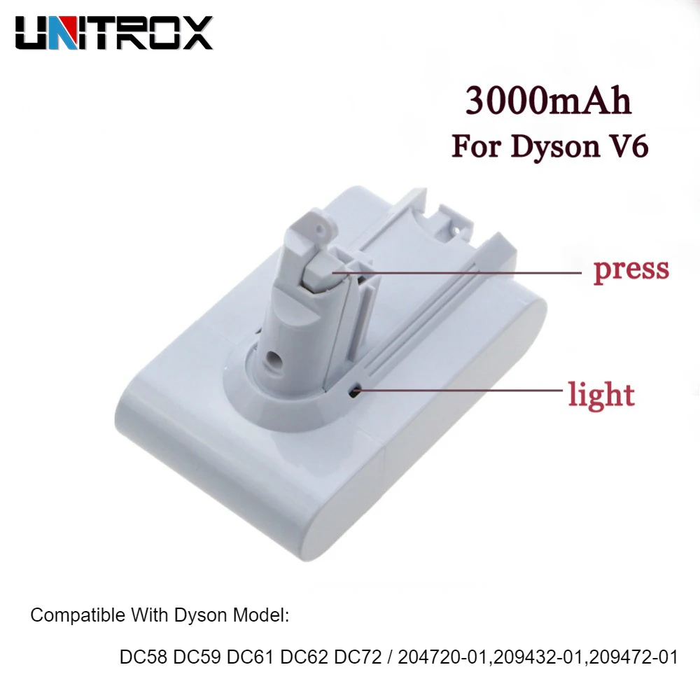 

High Quality 21.6V 3000mAh Li-ion Replacement Battery For Dyson V6 DC58 DC59 DC61 Mattress Handheld Vacuum Cleaner (White Color)