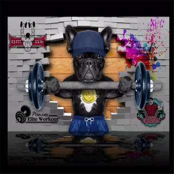 

Custom 3D Non-Woven Photo Hand Drawn Dog Weight Lifting Tooling Wallpaper Children Modern Cartoon Brick Wall Cartoon