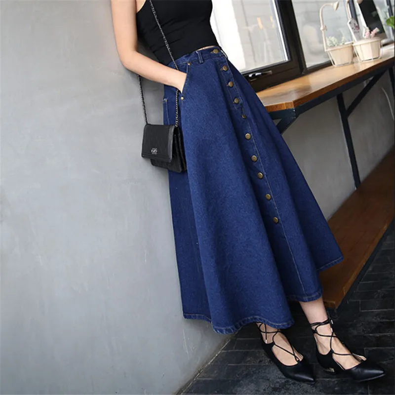 

Denim Long Skirts Women Spring Autumn Casual High Waist Jean Skirt Female High Qualit A-line Single Breasted Cotton Skirts A3251