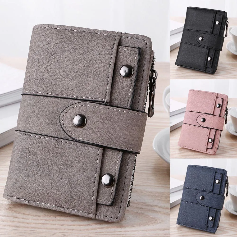 Women Simple Retro Rivets Short Wallet Zipper& Hasp Durable Money Clip Credit Card Wallet Monederos Para Mujer#BL5