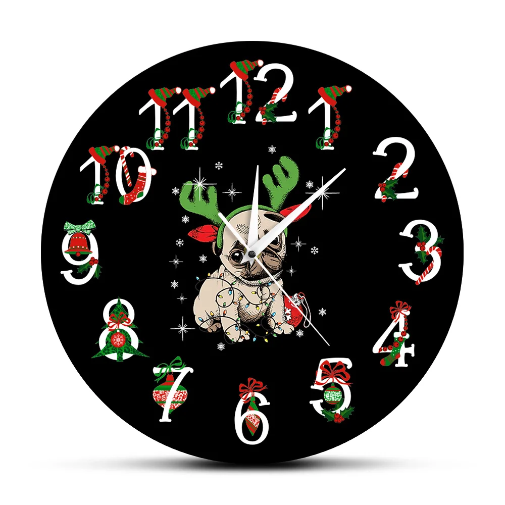 Pug Ornamento Di Natale Stampato Orologio Da Parete Divertente Deer Pug Moderna Orologio Da Parete Pug Con Corna Decorazione Di Feste I Proprietari De