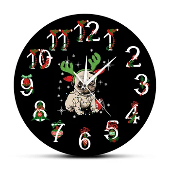 

Pug Christmas Ornament Printed Wall Clock Funny Deer Pug Modern Wall Watch Pug with Antlers Holidays Decoration Dog Owners Gift