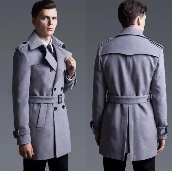 Grey casual woolen coat men trench coats long sleeves