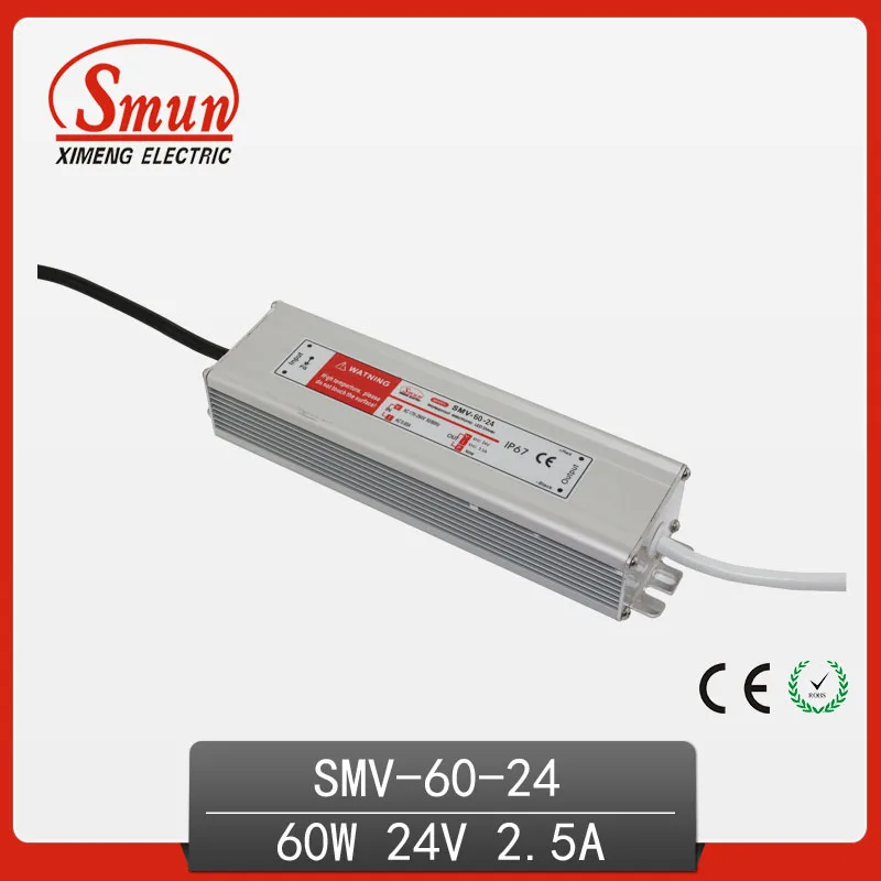 

60W 24V 2.5A Waterproof IP67 LED Driver Switching Power Supply for Led Strip Light with CE ROHS 1 Year Warranty SMV-60-24