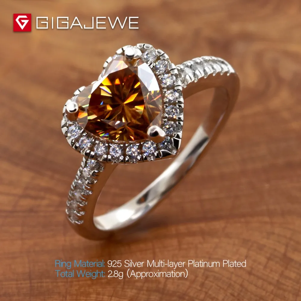 GIGAJEWE Moissanite 7,5 карат 925 мм Золотое серебряное кольцо в форме сердца, ювелирное изделие, модный символ любви, подарок для женщин, подружки