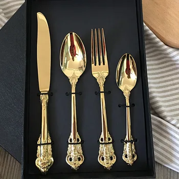 

4pcs Retro Vintage Golden Dinnerware Set Luxury Wedding Tableware Gold Plated Stainless Steel Cutlery Knife and Fork Xmas gift