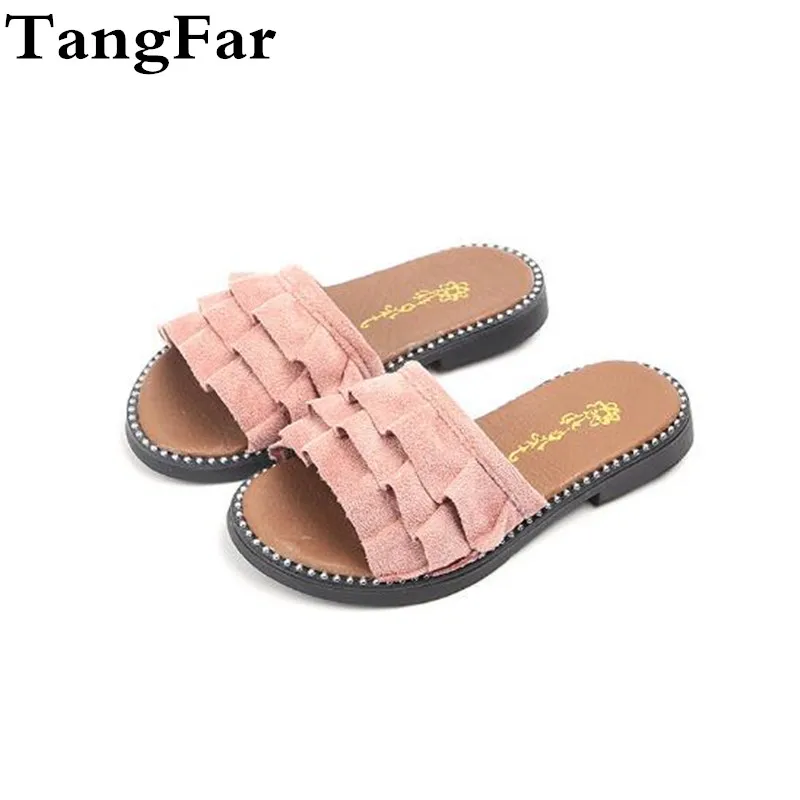 

Lace Girl Sweet Beach Slippers Summer Children Slides Shoe Flock White Outdoor Kids Sandals Discount Size 26-36